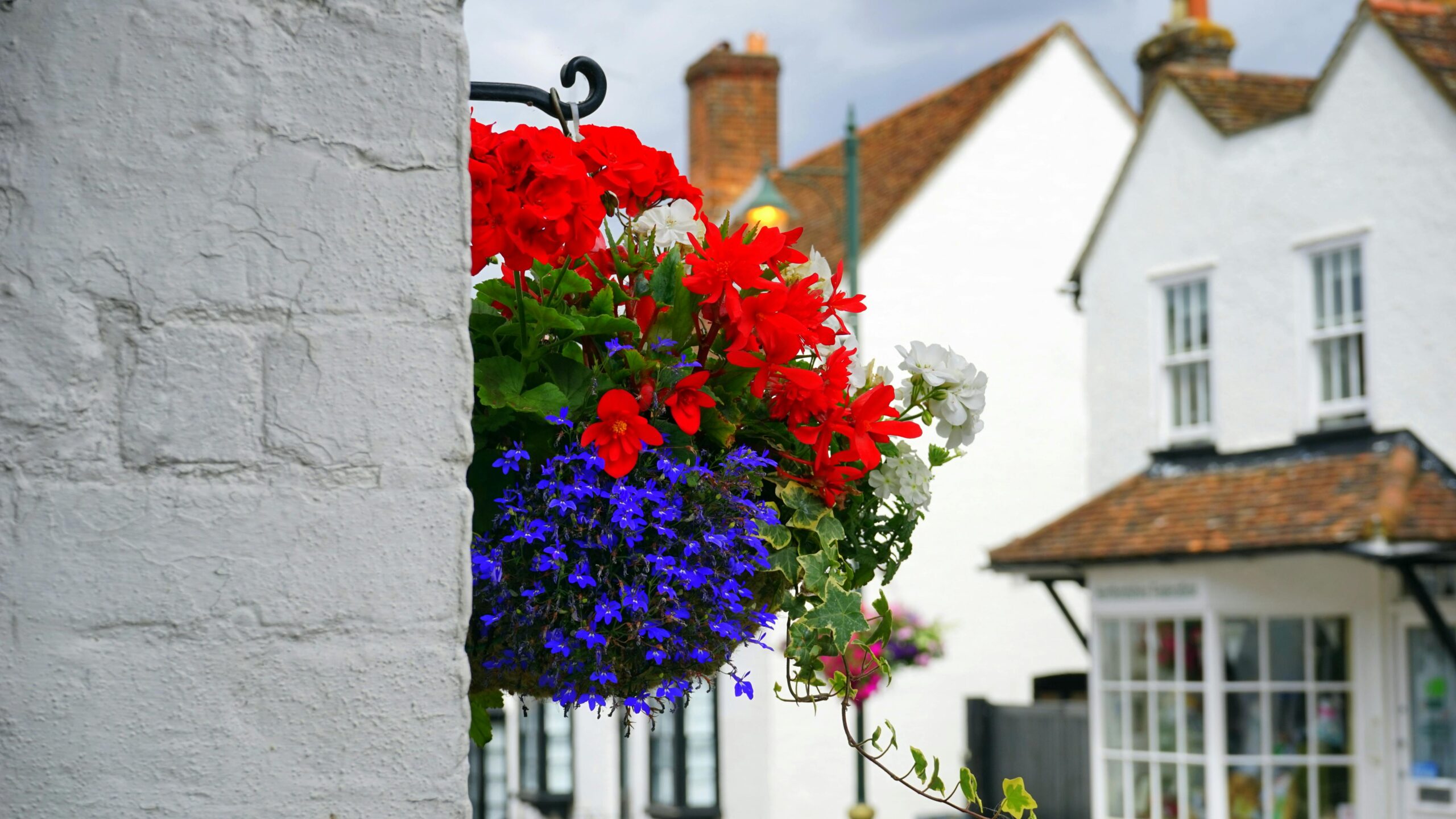 Colorful hanging flower basket against a white brick wall with traditional English houses in the background.